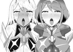 2girls armor bangs black_and_white blowjob_face blush breasts breath_cloud core_crystal crystal earrings exposed_shoulders female female_focus female_only gatyo_5 gem hair_ornament heart heart-shaped_pupils huge_breasts jewelry long_hair looking_at_viewer multiple_girls mythra nintendo penis_shadow pyra short_hair sweat sweatdrop swept_bangs tagme tiara tongue_out xenoblade_(series) xenoblade_chronicles_2