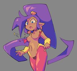 1girls bacumng bacunng blue_eyes blush embarrassed female female_only genie harem_pants ponytail purple_hair shantae shantae_(character) smooth_skin solo tiara topless wardrobe_malfunction