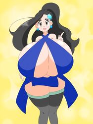 1girls alternate_breast_size alternate_hairstyle big_breasts black_hair blush breasts brown_eyes candice_(pokemon) cleavage dress earrings eyelashes female female_only gigantic_breasts huge_breasts human human_only long_hair looking_at_viewer midriff milf mother nintendo nuruudon open_mouth pale-skinned_female pale_skin pokemon pokemon_dppt ponytail ring smile solo solo_female standing tagme thick_thighs thighhighs top_heavy voluptuous wedding_ring wide_hips