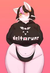 bbw big_belly big_breasts blush blushing_profusely bored cat_ears cat_girl catti_(deltarune) chubby chubby_female colored_hair dark_hair deltarune deltarune_chapter_2 domestic_cat felid feline felis half_dressed half_naked hoodie huwon overweight overweight_female panties thick_thighs undertale white_fur yellow_sclera