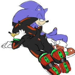 anthro anus balls blue_penis casual clothing duo eulipotyphlan exposed_torso footwear foreskin genitals gloves handwear hedgehog hi_res looking_at_viewer male male/male mammal penis perineum sega shadow_the_hedgehog shoes sonadow sonic_(series) sonic_the_hedgehog sunhuiz uncut