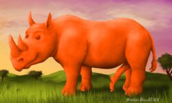 2021 africa anatomically_correct anatomically_correct_genitalia anatomically_correct_penis beady_eyes clay cloud detailed_background ears_up feral genitals goo_creature grass hi_res hooves horn male mammal nickelodeon orange_body penis plant rhino_penis rhinocerotoid savanna smile solo sunset tail_tuft toony tree tuft wontonrhino