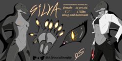 2:1 absurd_res alpaccasneaky anthro black_mamba dominant dominant_female elapid_(snake) english_text feet female genitals glowing glowing_eyes glowing_genitalia glowing_pawpads hi_res hypnotizing_viewer model_sheet nude pawpads paws pit_viper rattlesnake reptile scalie snake solo sylva taller_female text