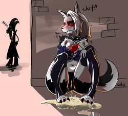 anthro black_body black_fur blitzo_(helluva_boss) blush bodily_fluids brick_wall camel_toe canid canid_demon cellphone claws clenched_teeth collar crouching demon duo ear_piercing ear_ring fangs female female_focus fur gatox_(artist) genital_fluids hellhound helluva_boss hi_res hiding imp loona_(helluva_boss) male mammal navel notched_ear omorashi peeing phone piercing profanity public public_urination red_sclera silhouette smartphone spiked_collar spikes tears teeth thick_thighs urine urine_pool urine_stream wall_(structure) white_body white_fur