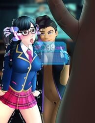 1boy 2girls academy_d.va big_breasts blizzard_entertainment d.va dark-skinned_male dark_skin erection glasses heart-shaped_pupils huge_cock hypnosis interracial mind_control overwatch penis school_uniform sombra strbsky tongue_out