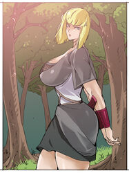 1girls areolae big_breasts blonde_hair blue_eyes blunt_bangs bob_cut breasts busty cleavage clothed_female female female_only highres huge_breasts karyoten kimono large_breasts mature mature_female naruto naruto_(series) naruto_shippuden samui short_hair solo solo_focus