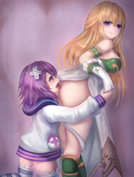 2girls anilingus ass bisexual bisexual_(female) blonde_hair blue_eyes clothing color cpu_(neptunia) d-pad d-pad_hair_ornament goddess hair_ornament long_hair multiple_girls neptune_(neptunia) neptunia_(series) purple_eyes purple_hair rimjob rimming short_hair simple_background smile striped_legwear striped_socks suterisu tagme vert video_games yuri