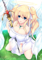 angel angel_wings bare_shoulders blonde_hair blue_eyes blush breasts cleavage dress female_focus halo kneeling large_breasts long_hair looking_at_viewer minamon_(vittel221) necklace open_mouth ribbon seiza solo sword twintails weapon wings