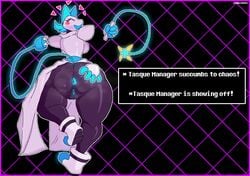 1girls anthro anus ass ass_grab big_ass big_breasts blush border bottom_heavy breasts deltarune english_text female genitals hand_on_ass huge_ass peachpunch11 purple_border pussy robot solo spread_butt spreading tasque_manager_(deltarune) text thick_thighs video_games whip