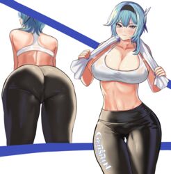 1girls ass big_ass big_breasts big_butt blue_eyes blue_hair breasts eula_(genshin_impact) eye_contact female genshin_impact hairband large_breasts looking_at_viewer loooyd solo sports_bra standing sweat thick_ass thick_thighs thighs tight_clothing yoga_pants