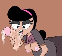 50's_theme black_hair blowjob diadem eli lecha licking_penis long_hair topless