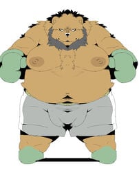 2021 absurd_res anthro balls_outline beard belly black_nose bottomwear brown_body bulge clothing facial_hair genital_outline hi_res kemono male mammal moobs navel nipples overweight overweight_male penis_outline shorts sigenoya simple_background solo ursid white_background