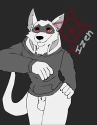 anonymous_artist anthro bottomless bottomless_male clothed clothing hoodie hoodie_only izen(fursona) izen_puppyfox male solo topwear topwear_only