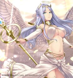 1girls angel angel_wings bangs bare_shoulders blue_eyes blue_hair braid breasts cleavage detached_sleeves feathered_wings female hairband halo large_breasts long_hair looking_at_viewer midriff navel revealing_clothes rokuwata_tomoe sidelocks skirt smile solo staff underboob wings