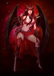 black_hair blood cleavage clothed evil fasslayer original_character red_eyes solo_female wings