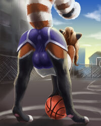 1futa 4:5 absurd_res ailurid anus_outline back back_view ball balls balls_outline barefoot basketball_(ball) basketball_court basketball_hoop big_breasts breasts camel_toe canid canine clothed clothing crouching detailed_bulge feet fence fingers full-package_futanari fully_clothed futa_only futanari genital_outline herm hermaphrodite hi_res huge_balls huge_breasts intersex julmara_(character) mammal multi_genitalia nib-roc nipple_outline pawpads penis pink_pawpads public pussy raccoon_dog rear_view red_panda ringtail solo sportswear tanuki tiptoes toes