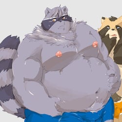 1:1 2021 anthro balls_outline bara belly blush brown_body brown_fur bulge canid canine clothing duo fur furry genital_outline grey_body grey_fur hi_res humanoid_hands kemono male male/male mammal moobs nipples obese obese_male overweight overweight_male penis_outline procyonid raccoon raccoon_dog tanuki underwear yuuya333