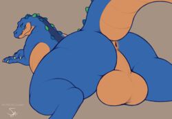 2021 3_toes absurd_res alligator alligatorid anthro anus ass back_spines backsack balls big_balls big_butt blue_body blue_skin crocodilian feet feral genitals hi_res looking_at_viewer looking_back lying male multicolored_body multicolored_skin on_front orange_balls orange_body orange_skin presenting presenting_anus presenting_balls raised_tail reptile salsa_(gator) scafen_(artist) scalie simple_background slightly_chubby smile solo thick_thighs toes two_tone_body two_tone_skin