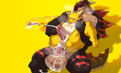 balls big_balls big_dom_small_sub big_penis black_body black_scales bodily_fluids cum cum_in_ass cum_inside dominant dragon duo full_nelson gay genital_fluids genitals hi_res inflation male male/male male_only muscular muscular_male penis scales scalie size_difference tiramisu_(kuroma) vorusuarts vorusuarts_(character) yaoi yellow_body yellow_scales