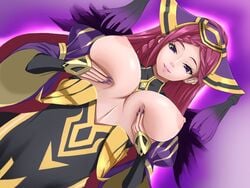 1girls braid breast_hold breasts breasts_out commentary_request double_breast_grab earrings fingernails fire_emblem fire_emblem_heroes from_below hat highres jewelry kogamon large_breasts lipstick loki_(fire_emblem) long_fingernails long_hair long_nails looking_at_viewer looking_down makeup nail_polish nintendo nipples purple_eyes purple_hair purple_nails self_fondle simple_background single_braid smile solo underboob