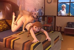 1boy 2girls 3d ambiguous_penetration anna_(frozen) barefoot boots bottomless canine caught chair disney doggy_style elsa_(frozen) face_down_ass_up feet feral_on_female frozen_(film) geebee half-closed_eyes happy_sex indoors interspecies on_bed open_mouth sex soles tongue_out window zoophilia