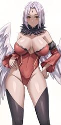 1girls absurdres bare_shoulders blush cleavage collarbone detached_sleeves facial_mark feathered_wings female forehead_mark frey_(tensei_shitara_slime_datta_ken) harpy highres jasony large_breasts leotard long_sleeves short_hair silver_hair smile solo standing tensei_shitara_slime_datta_ken thighs white_wings wings yellow_eyes