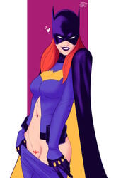 1girls 2dnsfw abs barbara_gordon bat_pubes batgirl batman_(series) dc dc_comics female female_only fit_female lipstick long_hair looking_at_viewer navel no_panties orange_hair pubic_hair pulling_down_pants pussy_slip red_hair shaped_pubic_hair smile solo thick_thighs undressing