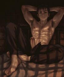 1boy armpit_hair armpits arms_behind_head arms_up attack_on_titan barefoot bludwing brown_hair clothing erection eren_jaeger feet genitals male male_focus male_only pants pants_only pants_open penis_out shingeki_no_kyojin shirtless shirtless_(male) sitting solo solo_male