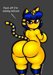 2021 animal_crossing ankha ankha_(animal_crossing) anthro ass backside big_ass big_butt blue_hair blush breasts cat_ears cat_tail catgirl dialogue furry looking_at_viewer looking_back nintendo shortstack sideboob sweat thick_thighs thighs usamari_atari wide_hips yellow_fur