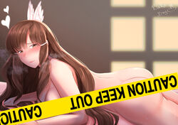 1girls ass big_ass blush breasts brown_eyes brown_hair censored completely_nude fire_emblem fire_emblem_awakening heavy_breathing large_breasts long_hair nintendo nude nude_female on_stomach rinku_bny smile solo sumia_(fire_emblem) sweat