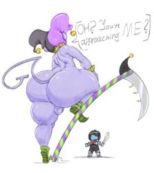 2boys armor ass back balls black_hair blue_body blue_skin blush bottom_heavy bubble_butt clothed clothing darkner deltarune devilsknife devilstail duo erection femboy genitals girly hair headgear headwear hi_res huge_ass human humanoid humanoid_pointy_ears imp jester jester_cap jevil_(deltarune) jojo_reference kris_(deltarune) male male_only mammal melee_weapon not_furry nude nude_male oh?_you're_approaching_me? oh_ho_come_as_close_as_you'd_like oh_you're_approaching_me polearm purple_body purple_skin scythe simple_background sword tail text thick_thighs trashdrawy undertale_(series) video_games weapon white_background wide_hips