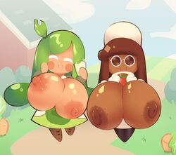 2020s 2021 2girls alternate_version_available anthro big_breasts breasts breasts_out ch3rrycupcakes cocoa_cookie cookie_run female_only huge_breasts multiple_girls nipples spinach_cookie tagme