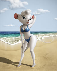 2015 4:5 anthro beach bikini breasts clothing cloud detailed_background disney eyelashes female fur lipstick looking_at_viewer makeup mammal miss_kitty_mouse miss_kitty_mouse_(artist) mouse murid murine navel outside rodent sand seaside smile solo swimwear the_great_mouse_detective white_body white_fur