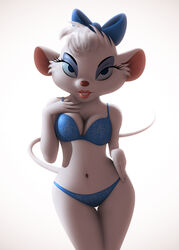 3d anthro bra clothing corset disney eyelashes eyeshadow female fur furry half-closed_eyes hand_on_hip lingerie lipstick looking_at_viewer makeup mammal miss_kitty_mouse miss_kitty_mouse_(artist) mouse murid murine narrowed_eyes navel panties rodent solo the_great_mouse_detective topwear underwear white_body white_fur wide_hips