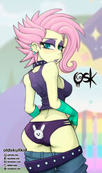 1girls ass breasts choker commission ear_piercing equestria_girls female fingerless_gloves flutterpunk fluttershy_(eg) fluttershy_(mlp) friendship_is_magic hasbro looking_at_viewer looking_back my_little_pony old_skull_kid panties pants_down purple_panties sideboob solo solo_female straight_hair underwear