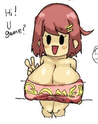 big_breasts bimbo busty cleavage curvy dialogue dotodonoto female gamer gamer_girl girlmer huge_breasts large_breasts mob_face nipple_bulge original original_character red_hair shorts text