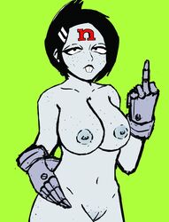 big_breasts breasts crash_(series) crash_twinsanity freckles freckles_on_breasts grey_skin mechanical_hands middle_finger nina_cortex robot_girl robot_hands