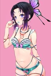 black_hair blush bra butterfly_hair_ornament cleavage cqingwei demon_slayer female female_only frills kimetsu_no_yaiba kochou_shinobu lingerie lollipop looking_at_viewer necklace panties pink_background purple_eyes small_breasts solo thick_thighs two_tone_hair wide_hips