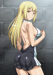 10s 1girls :/ aiz_wallenstein arm_at_side ass back backless_dress backless_outfit bare_arms bare_back bare_legs bare_shoulders black_dress blonde_hair breasts brick clenched_hand cowboy_shot dress dungeon_ni_deai_wo_motomeru_no_wa_machigatteiru_darou_ka expressionless female_focus hand_up large_breasts legs long_hair looking_at_viewer looking_back matching_hair/eyes monteriakitto multicolored multicolored_clothes multicolored_dress pleated_dress shiny shiny_clothes shiny_hair shiny_skin short_dress sideboob solo standing white_dress yellow_eyes