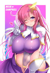 1girls big_breasts blowing_kiss blue_eyes blush breasts busty c.r. cameltoe child_bearing_hips covered_navel covered_nipples female female_only gundam gundam_seed gundam_seed_destiny heart huge_breasts leotard long_hair looking_at_viewer meer_campbell one_eye_closed pink_hair solo thick_thighs wide_hips wink