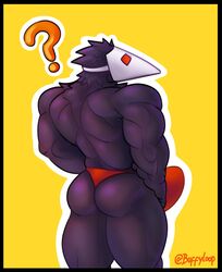 ? bara black_fur buffyloop bulge deltarune furry gay muscle question_mark red_eyes red_underwear shiny shiny_ass shiny_skin swatchling_(deltarune) thong undertale underwear yaoi