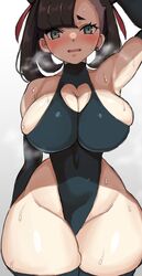 1girls alternate_breast_size armpits big_breasts black_hair blue_eyes blush breasts choker eye_contact hair_ribbon hourglass_figure huge_breasts large_breasts leotard looking_at_viewer mana_nzmr marnie_(pokemon) nintendo pokemon pokemon_ss sexy_armpits solo standing sweat sweaty thick thick_thighs thighhighs voluptuous wide_hips