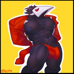 1boy 2022 bara black_fur buffyloop bulge deltarune deltarune_chapter_2 furry gay hairy_chest hairy_penis mask masked muscles muscular muscular_male nipples pubic_hair red_clothing red_eyes suit swatchling_(deltarune) sweat tied_up twitter_user_oc twitter_username underwear yaoi