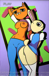 2021 absurd_res anthro ass blue_bottomwear blue_clothing blue_dress blue_pants bottomless bottomwear breasts bunny_(l'trimm) cars_with_the_boom clothed clothing dress duo felid female first_porn_of_franchise footwear genitals gohet hand_behind_head hi_res lagomorph legwear leporid long_ears looking_at_viewer looking_back looking_back_at_viewer mammal nipples no_underwear orange_body pantherine pants partially_clothed pink_clothing pink_shirt pink_topwear pussy rabbit raised_clothing raised_dress raised_shirt raised_topwear scut_tail shirt socks thigh_highs thigh_socks tiger tigra_(l'trimm) toony topwear vhs vhs_filter white_body