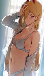 1girls absurd_res bangs blonde_hair blush bra breasts chainsaw_man demon_girl eye_contact female_only hand_on_head hews_hack high_resolution horns long_hair looking_at_viewer medium_breasts navel orange_eyes panties power_(chainsaw_man) red_horns shirt small_breasts stomach strap_gap sweat sweatdrop underwear very_high_resolution white_shirt