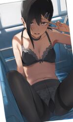 1girls absurd_res black_eyes black_hair blush bra breasts chainsaw_man choker eye_contact female hair_pin hews_hack higashiyama_kobeni high_resolution lace_bra looking_at_viewer medium_breasts medium_hair panties pantyhose sweat thighs underwear undressing very_high_resolution