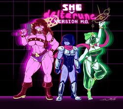 1boy 2girls anthro big_breasts big_penis blue_skin bulge cleavage cleavage_overflow delta(she)rune deltarune kris_(deltarune) multiple_girls muscular_male pink_skin ralsei ralsei_(female) ralsei_with_white_fur rule_63 smaller_male susie_(deltarune) tagme text thewill thick_thighs thighs underboob