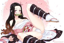 1girls black_hair blush demon_slayer female female_focus female_only footwear fundoshi gag hair_ribbon kamado_nezuko kimetsu_no_yaiba kimono koshio koshiosaur leg_lift leg_up long_hair looking_at_viewer obi on_back petals pink_eyes sarashi sharp_fingernails solo spread_legs two_tone_hair