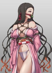 4shi arms_behind_back bare_shoulders belly_button big_breasts black_hair bondage cameltoe demon_slayer female female_only fundoshi gag kamado_nezuko kimetsu_no_yaiba kimono long_hair midriff navel obi open_kimono pink_eyes rope_bondage rope_harness small_breasts solo two_tone_hair very_long_hair wavy_hair