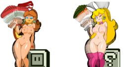 2girls animated big_breasts blonde_hair blue_eyes bouncing_breasts bowtie breasts brown_hair bunny_ears carrot carrot_(mario) cleavage earrings eyeshadow female female_only fire_flower human human_only large_breasts long_hair makeup mario_(series) minus8 multiple_girls navel nintendo nipples one_eye_closed princess_daisy princess_peach pussy shiny shiny_skin standing super_mario_bros. super_mario_land super_mario_land_2 tagme thighs underboob very_long_hair wink